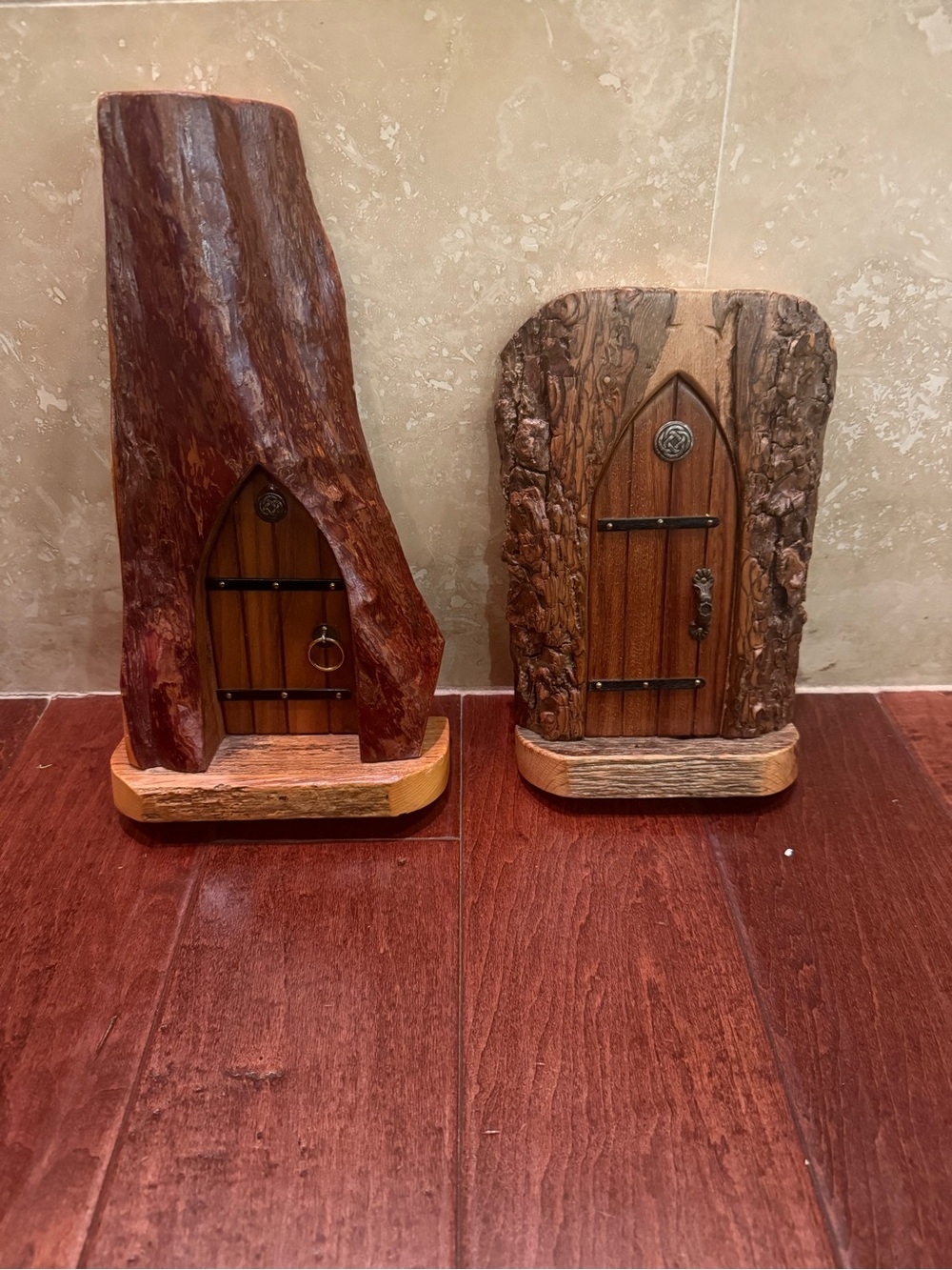 Handmade hand crafted wood whimsical magical fairy doors.  12 3/4” and 9 3/4”.